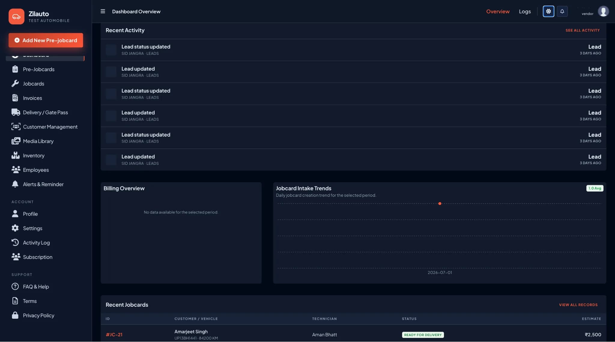Zilauto GMS recent activity and jobcard trends in dark mode