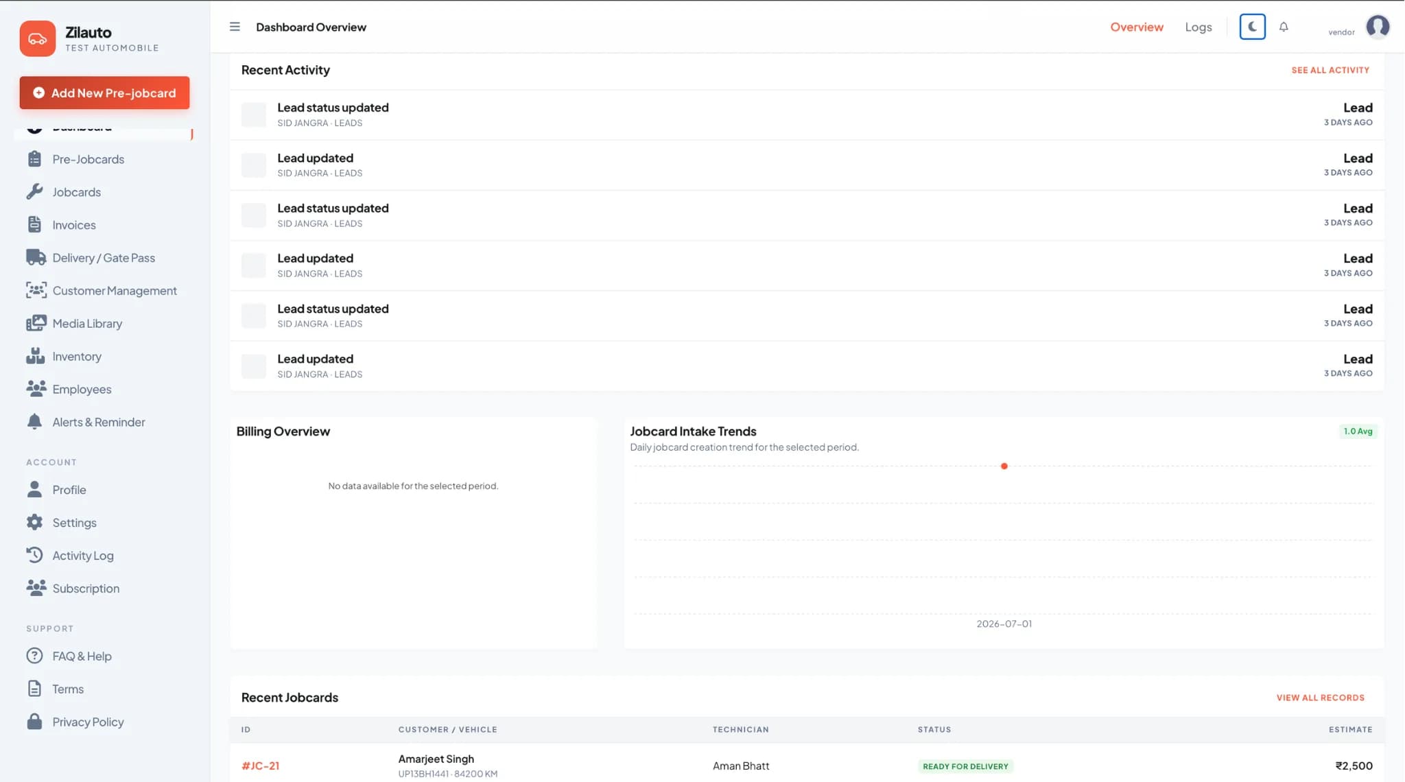Zilauto GMS recent activity and jobcard trends in light mode