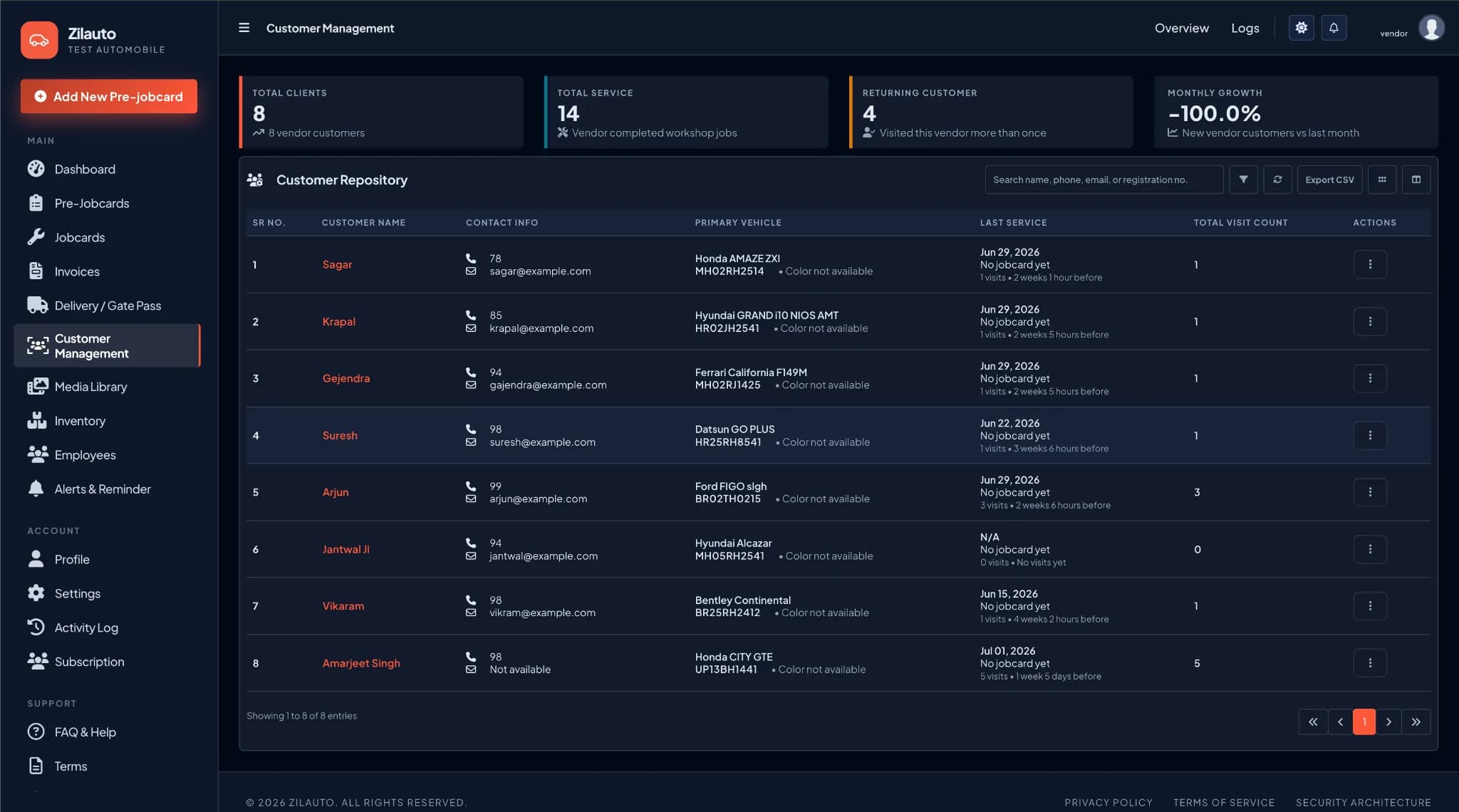 Zilauto GMS customer management in dark mode