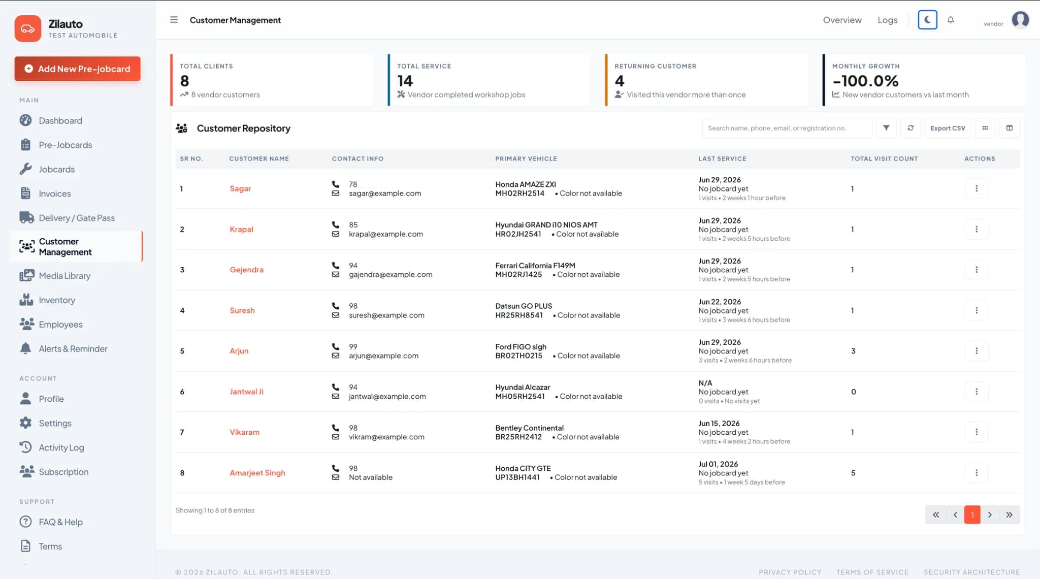 Zilauto GMS customer management in light mode