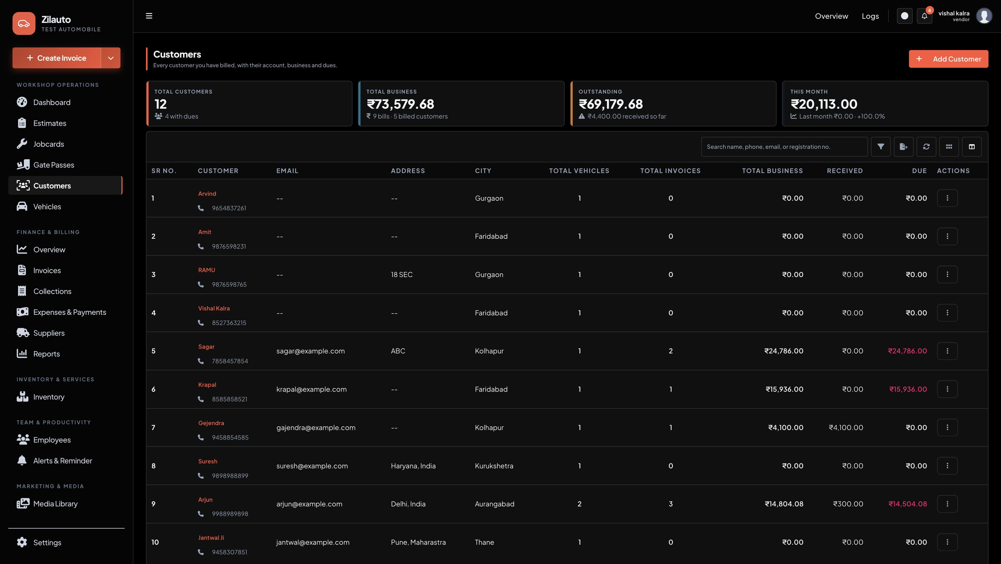 Zilauto dashboard customer management in pure black mode