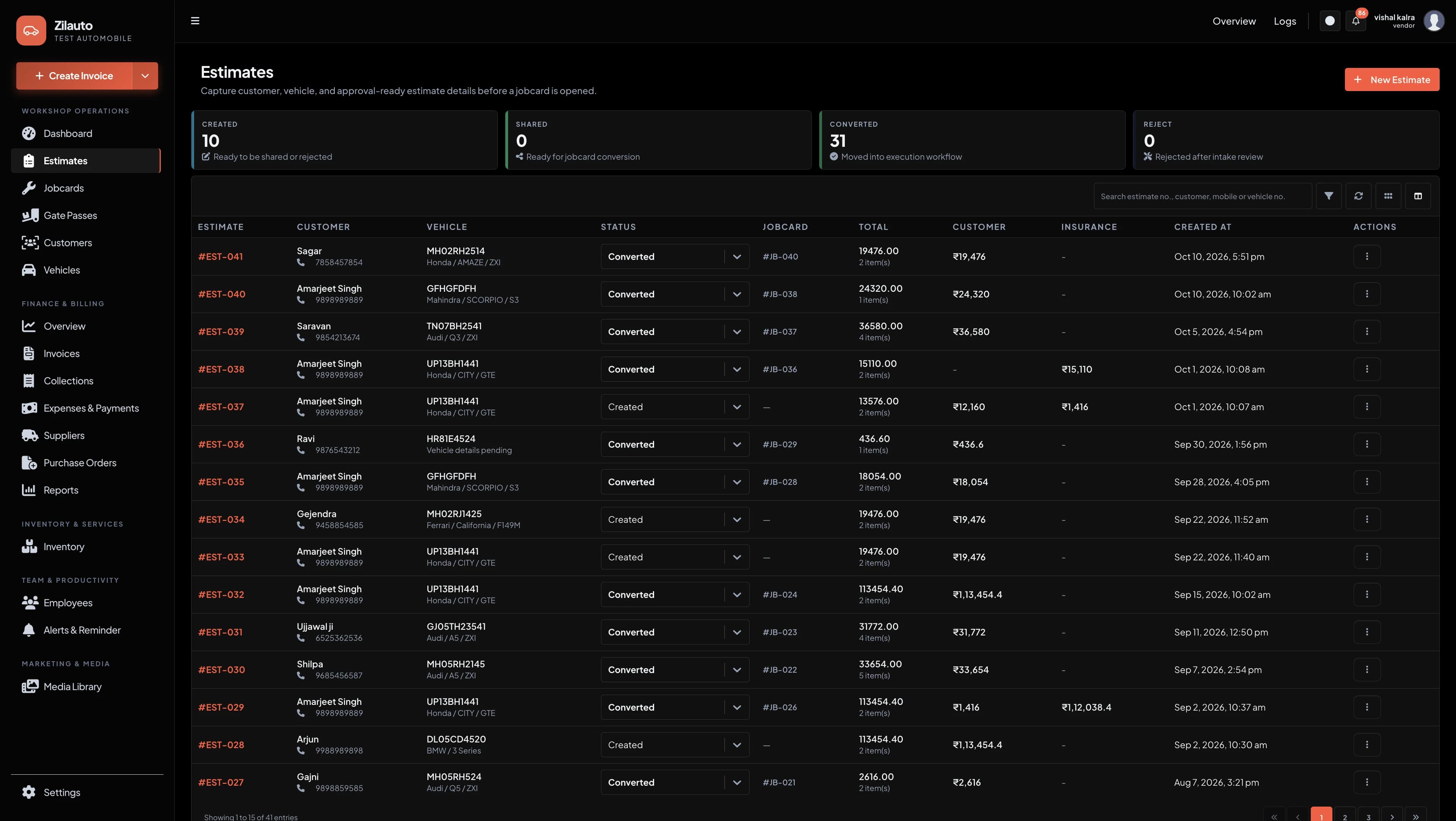 Zilauto dashboard estimates list in pure black mode