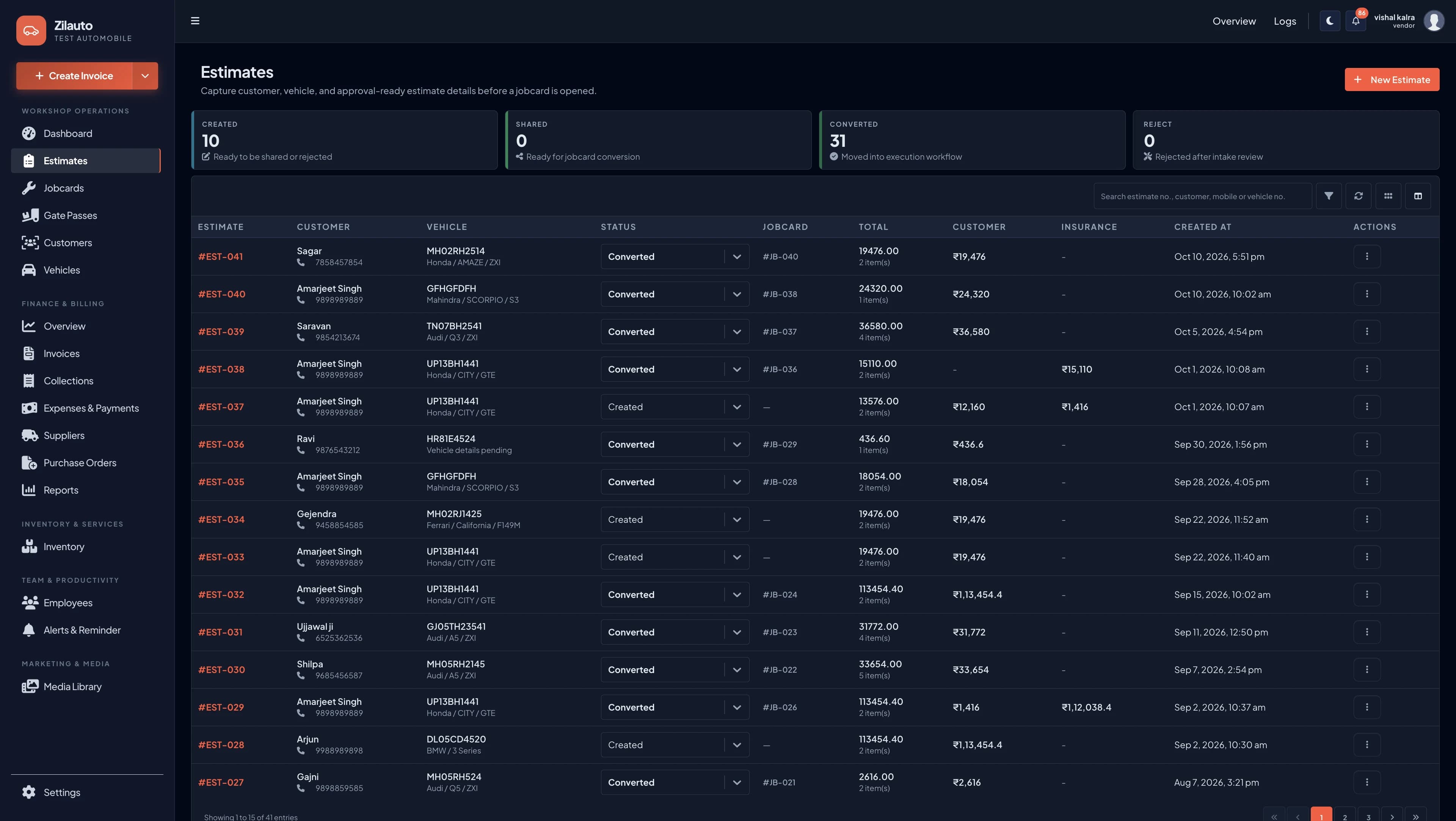 Zilauto dashboard estimates list in dark mode