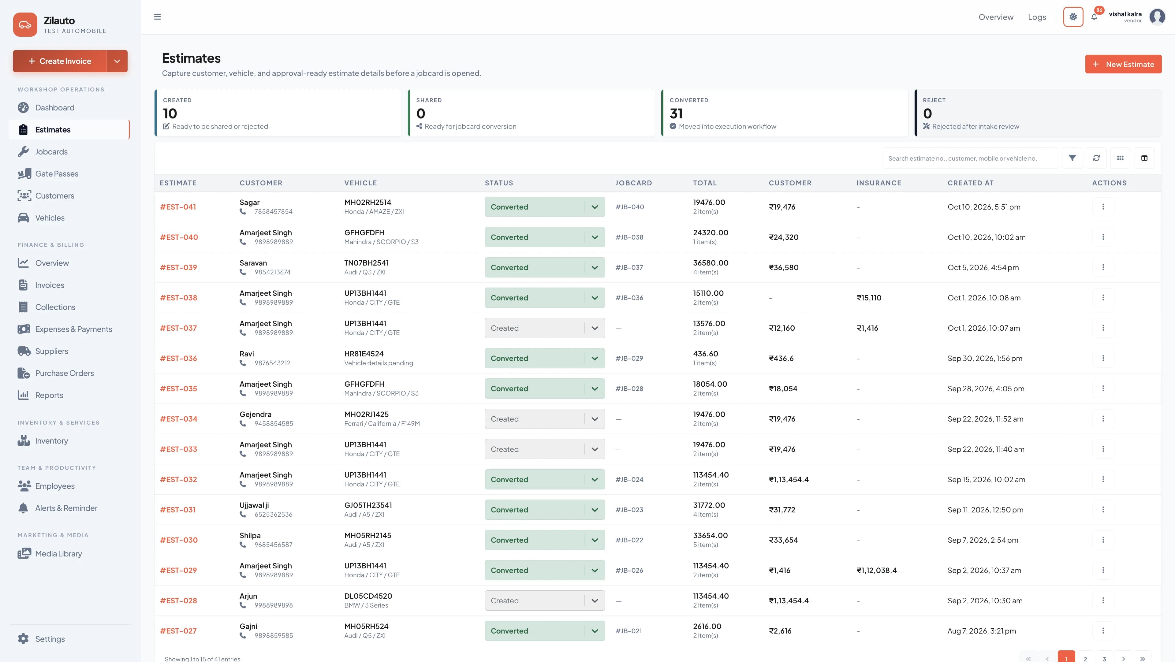 Zilauto dashboard estimates list in light mode