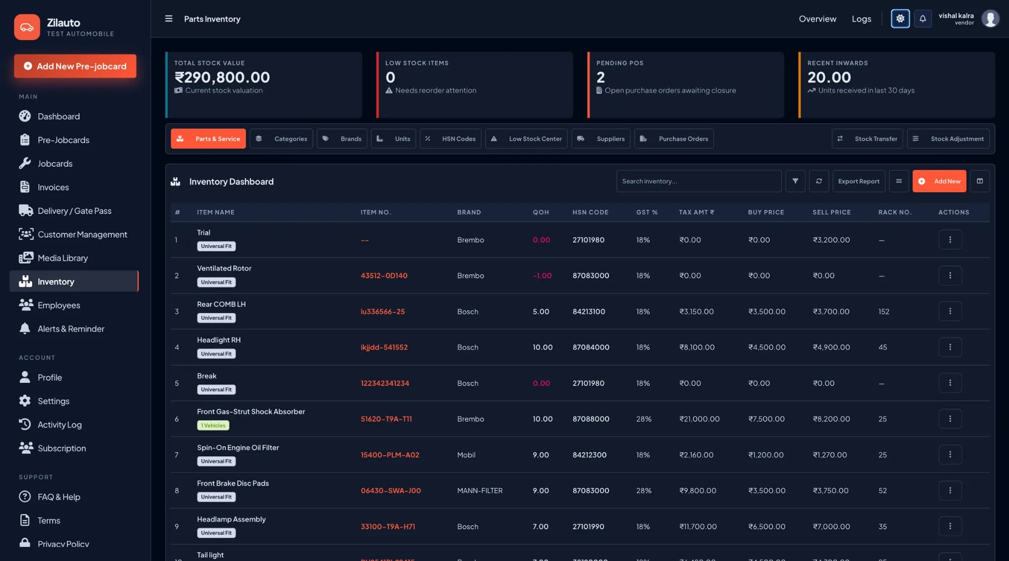 Zilauto dashboard parts inventory and stock control in dark mode