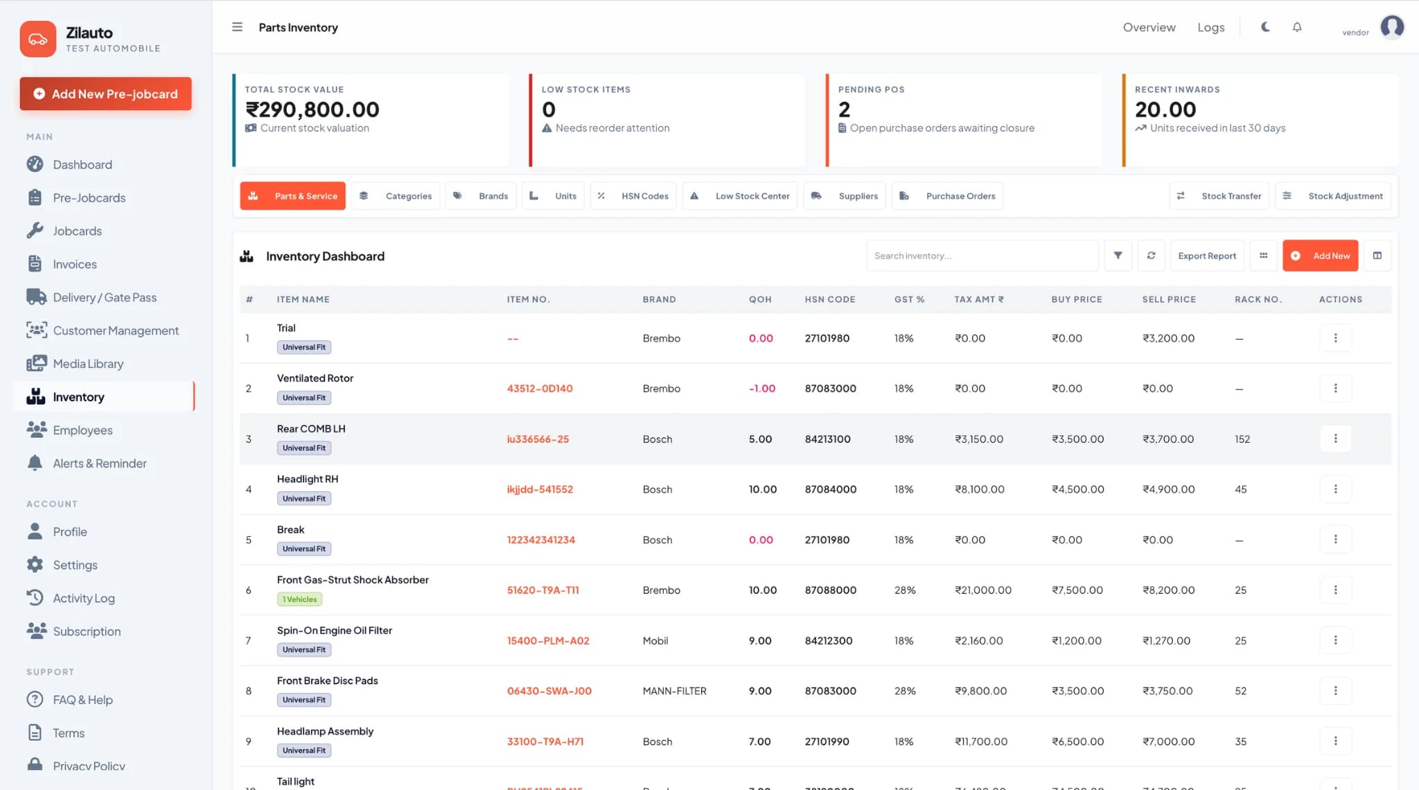Zilauto dashboard parts inventory and stock control in light mode