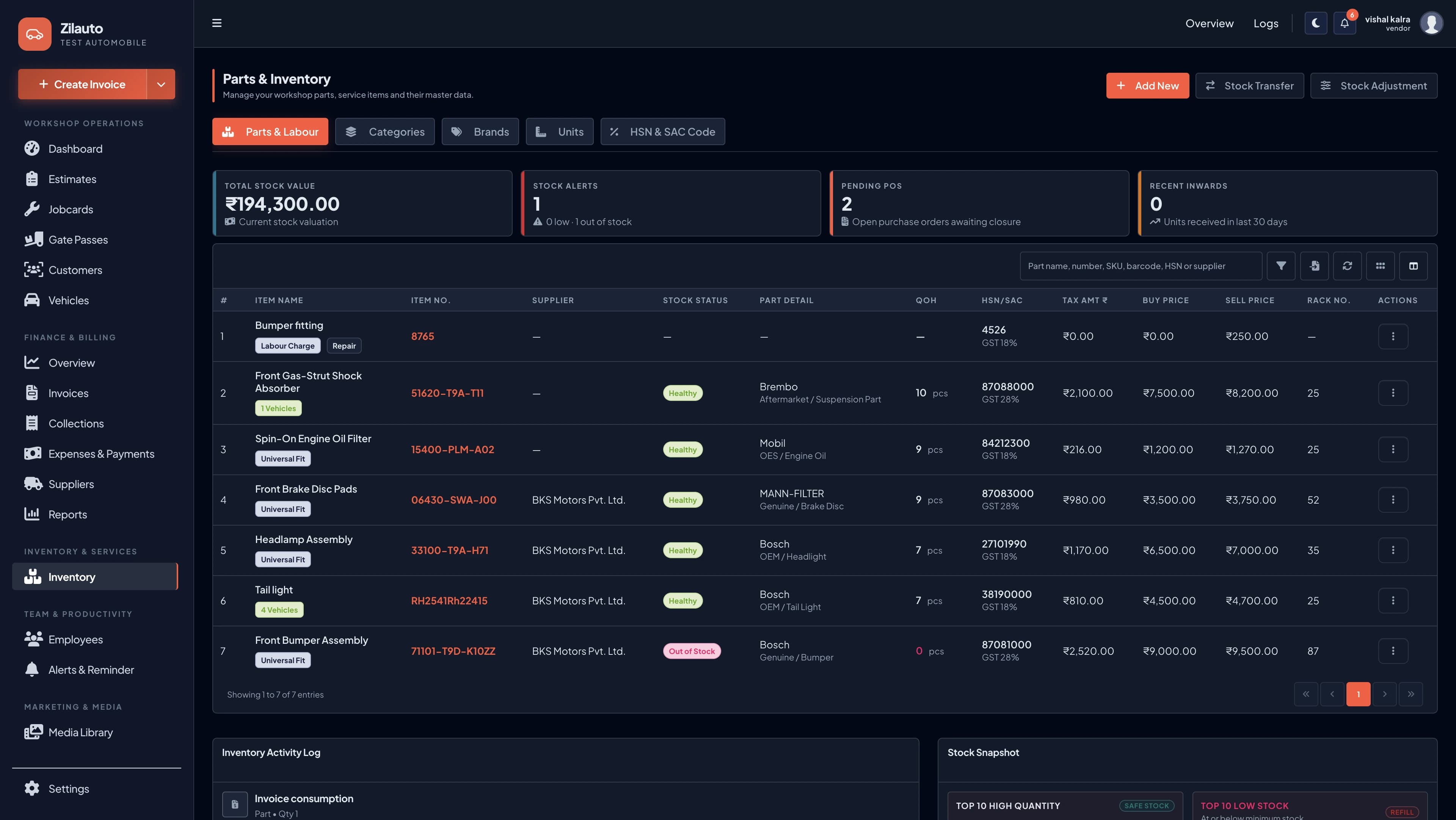 Zilauto dashboard parts inventory and stock control in dark mode