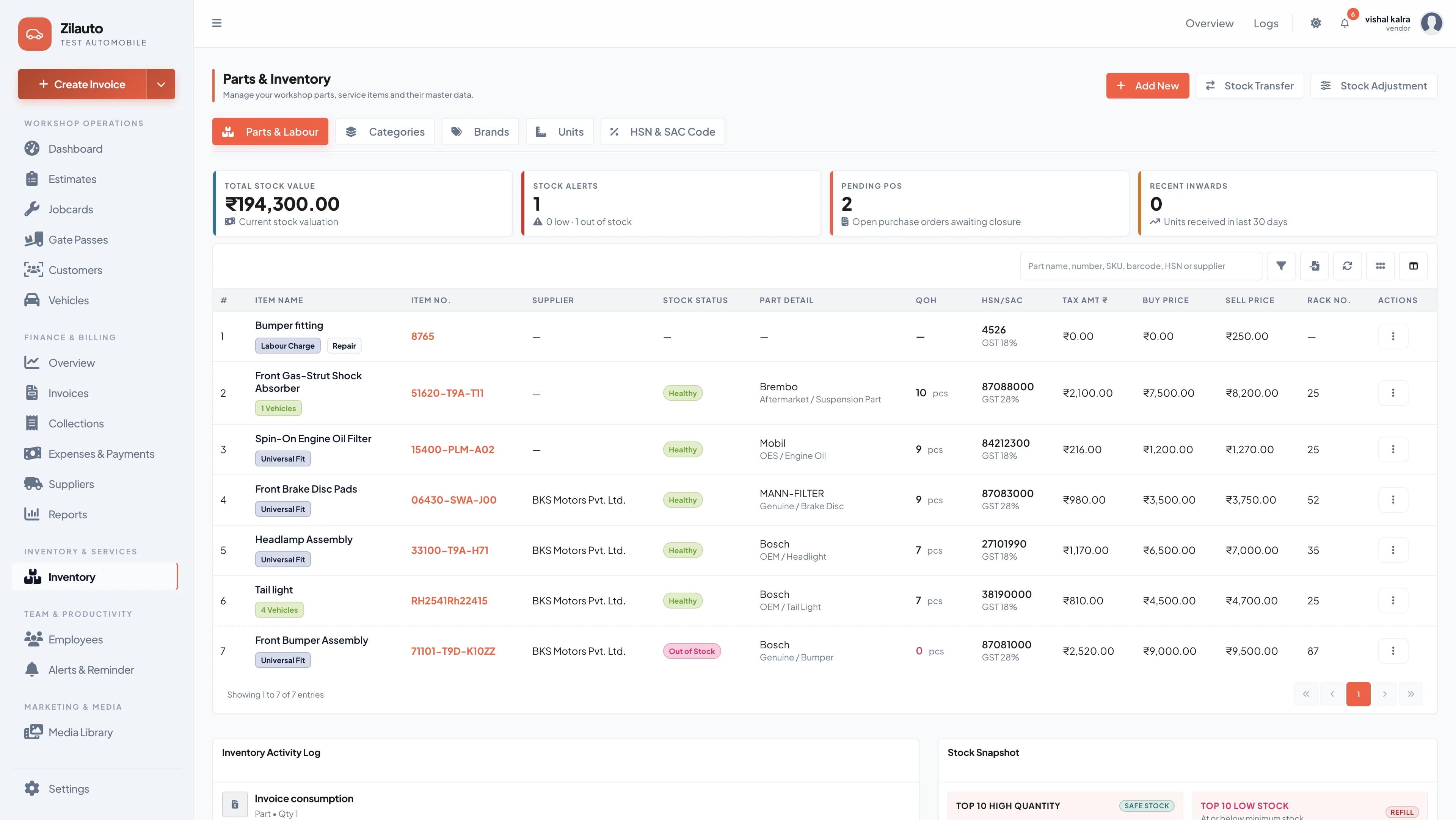 Zilauto dashboard parts inventory and stock control in light mode