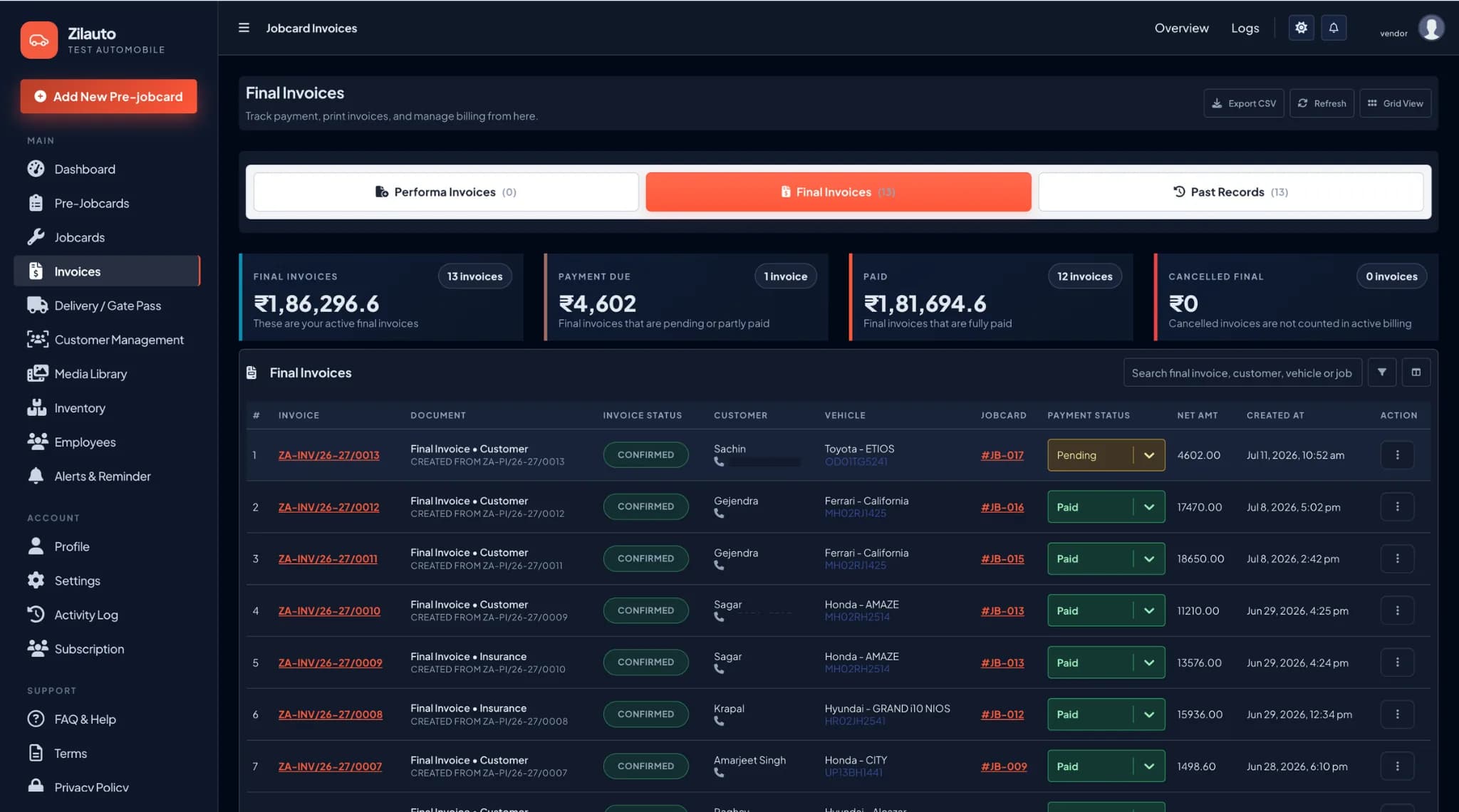 Zilauto dashboard final invoices and payment tracking in dark mode
