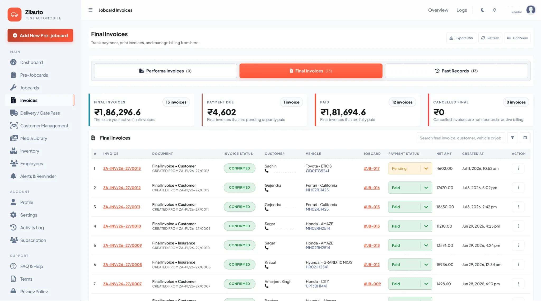 Zilauto dashboard final invoices and payment tracking in light mode