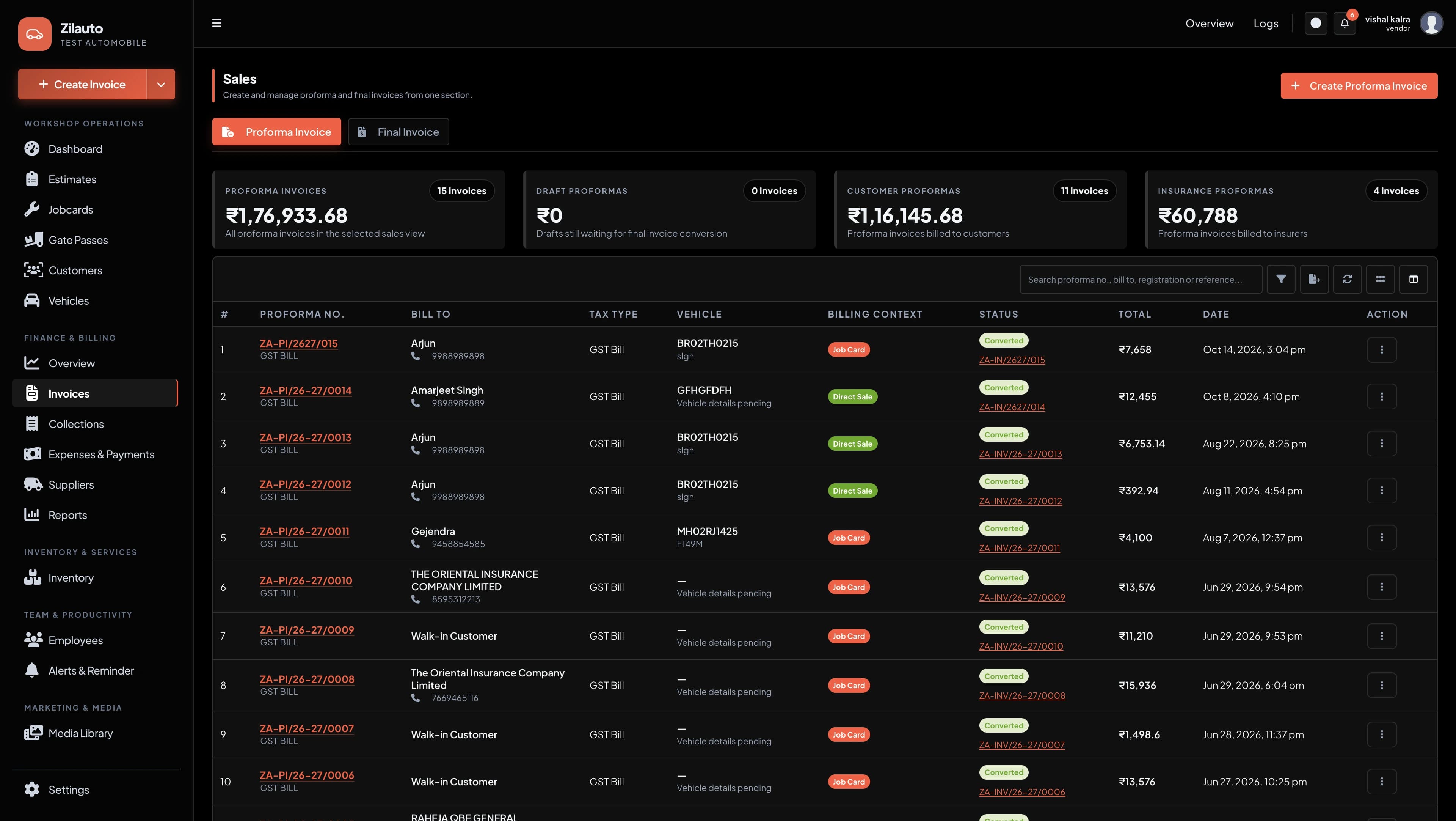 Zilauto dashboard final invoices and payment tracking in pure black mode
