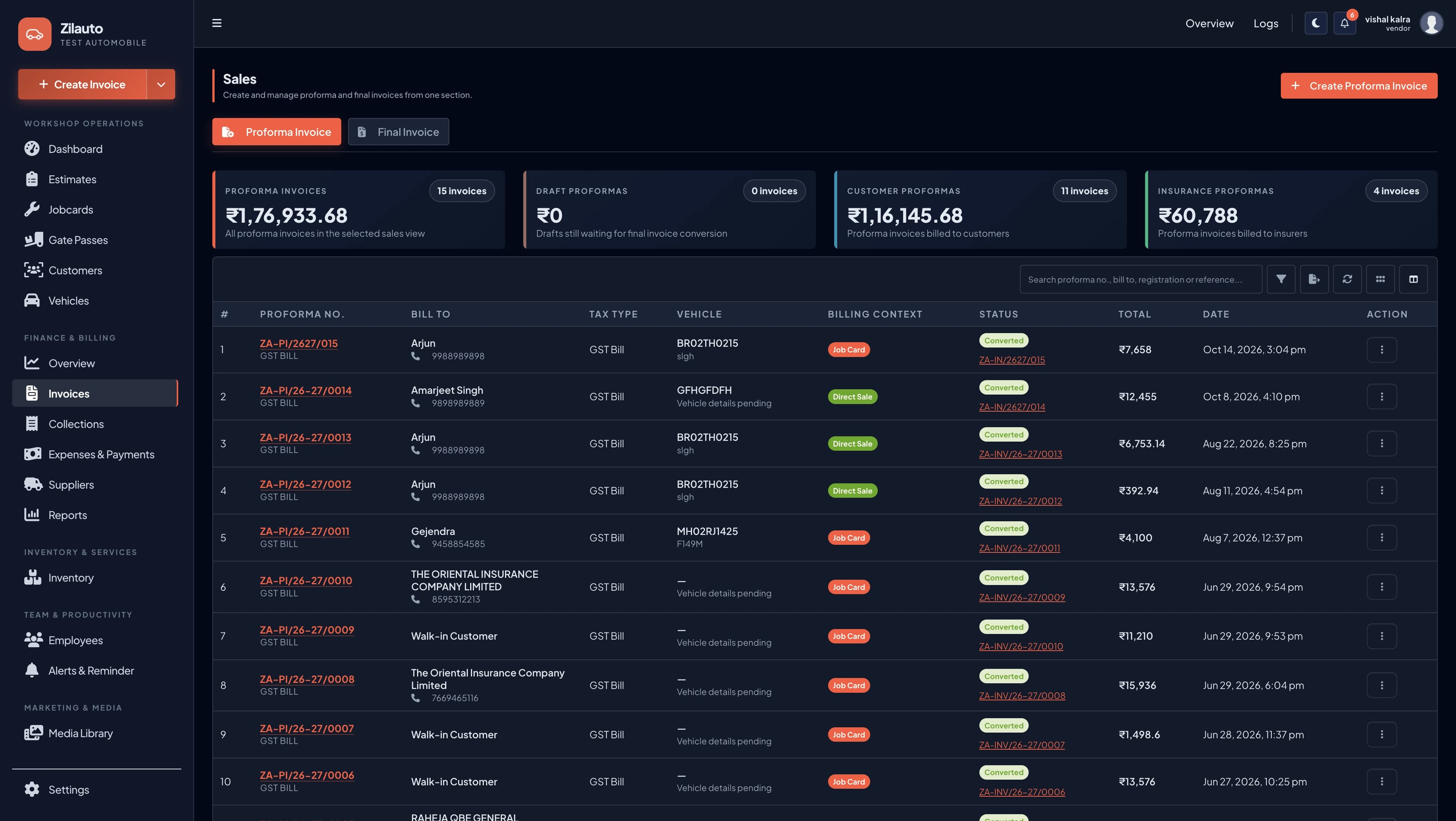Zilauto dashboard final invoices and payment tracking in dark mode