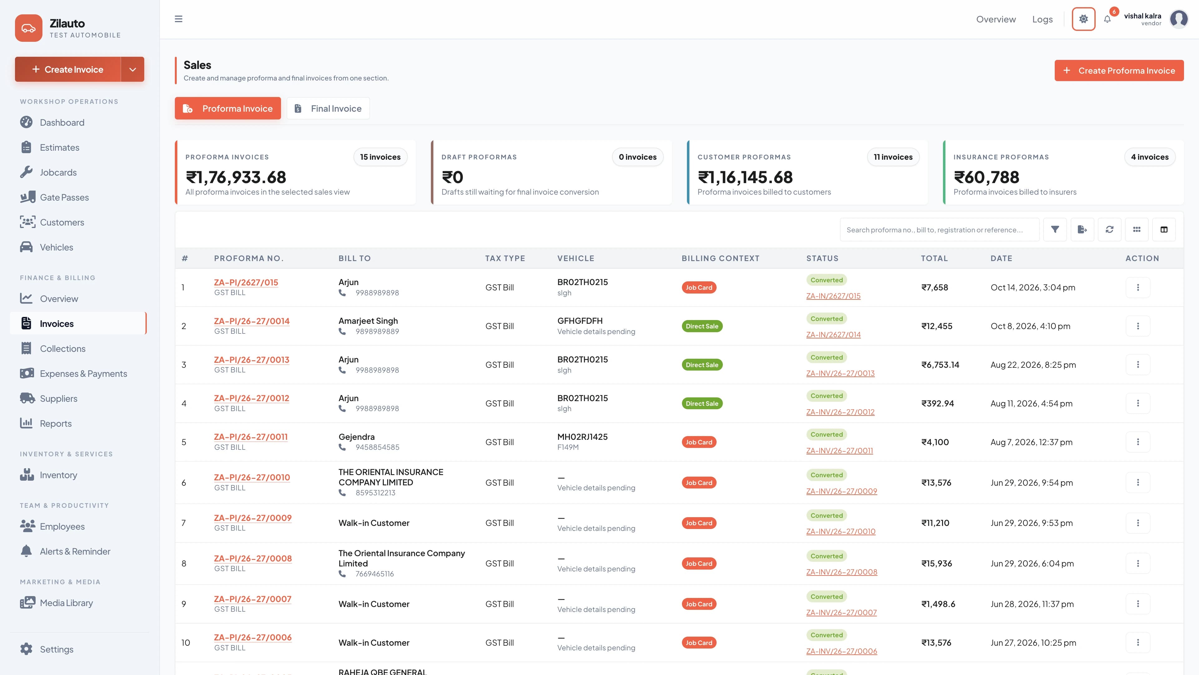 Zilauto dashboard final invoices and payment tracking in light mode