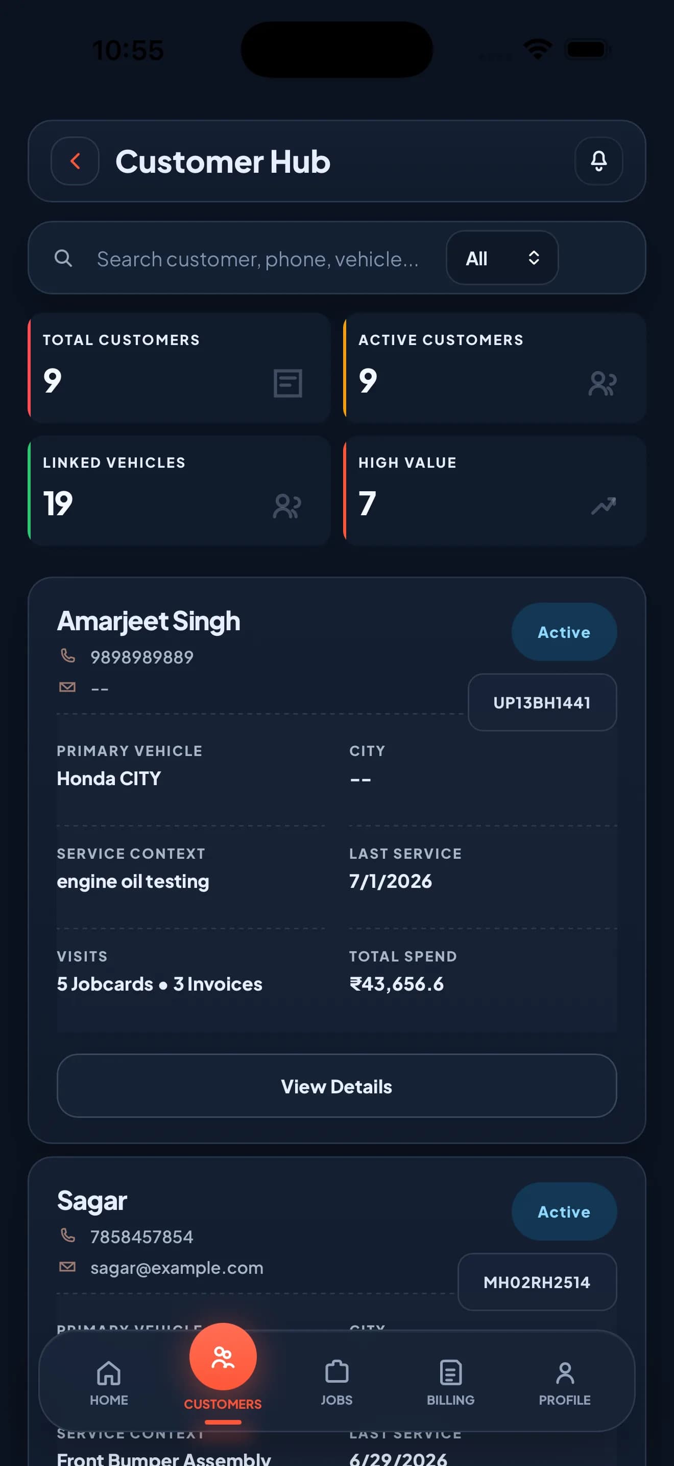 Zilauto Partner App customer hub screen in dark mode