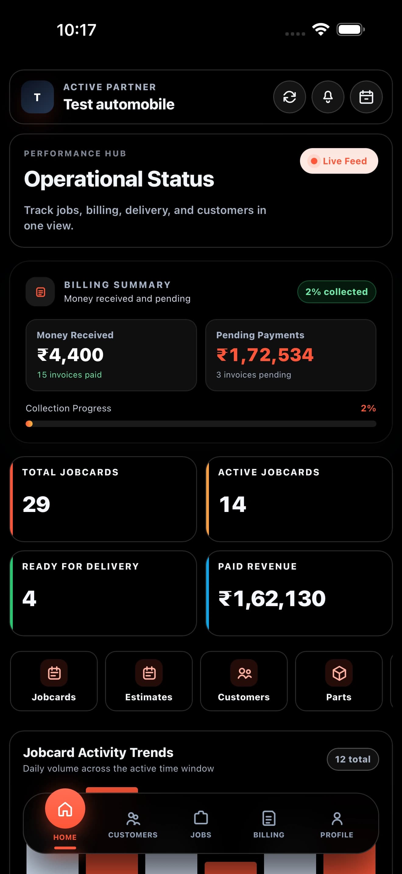 Zilauto Partner App home screen in pure black mode