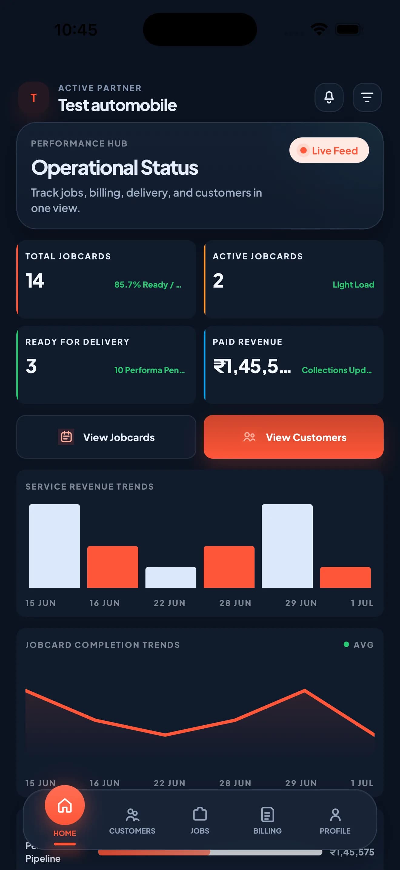 Zilauto Partner App Workshop home in dark mode