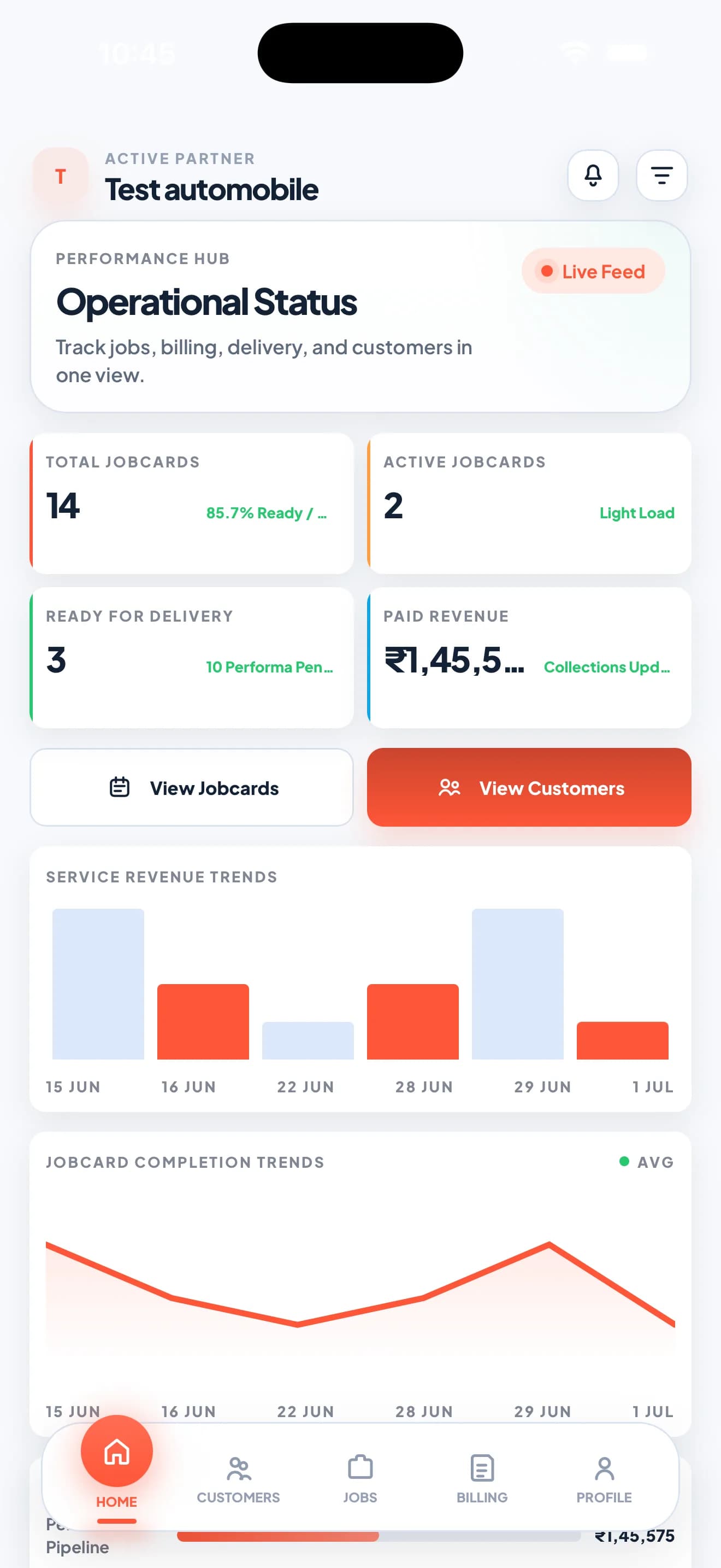 Zilauto Partner App Workshop home in light mode