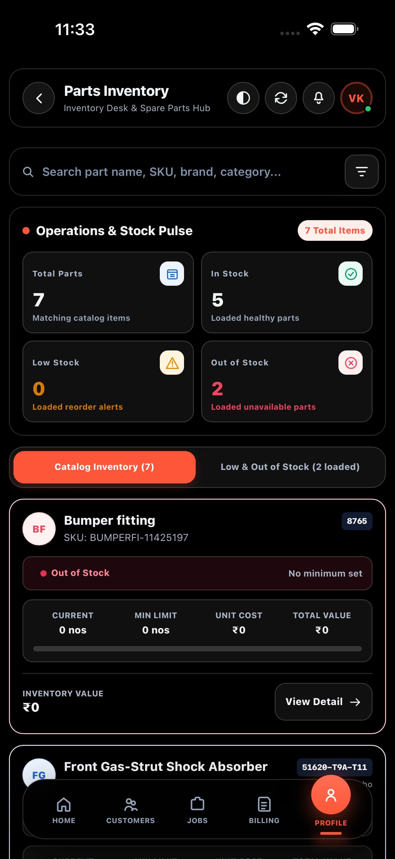 Zilauto partner app parts inventory in pure black mode
