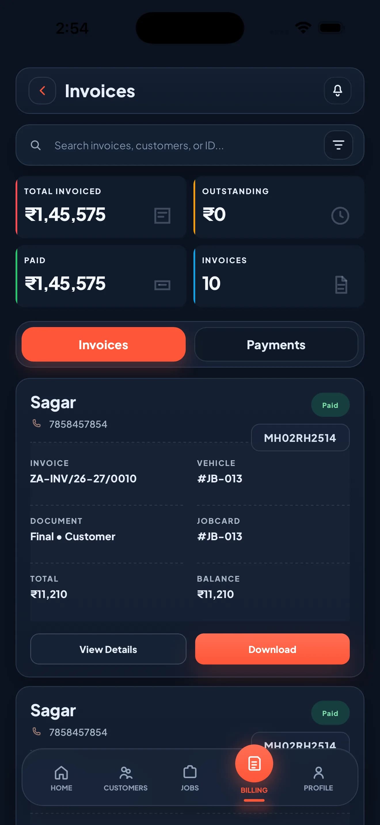 Zilauto Partner App Invoices in dark mode