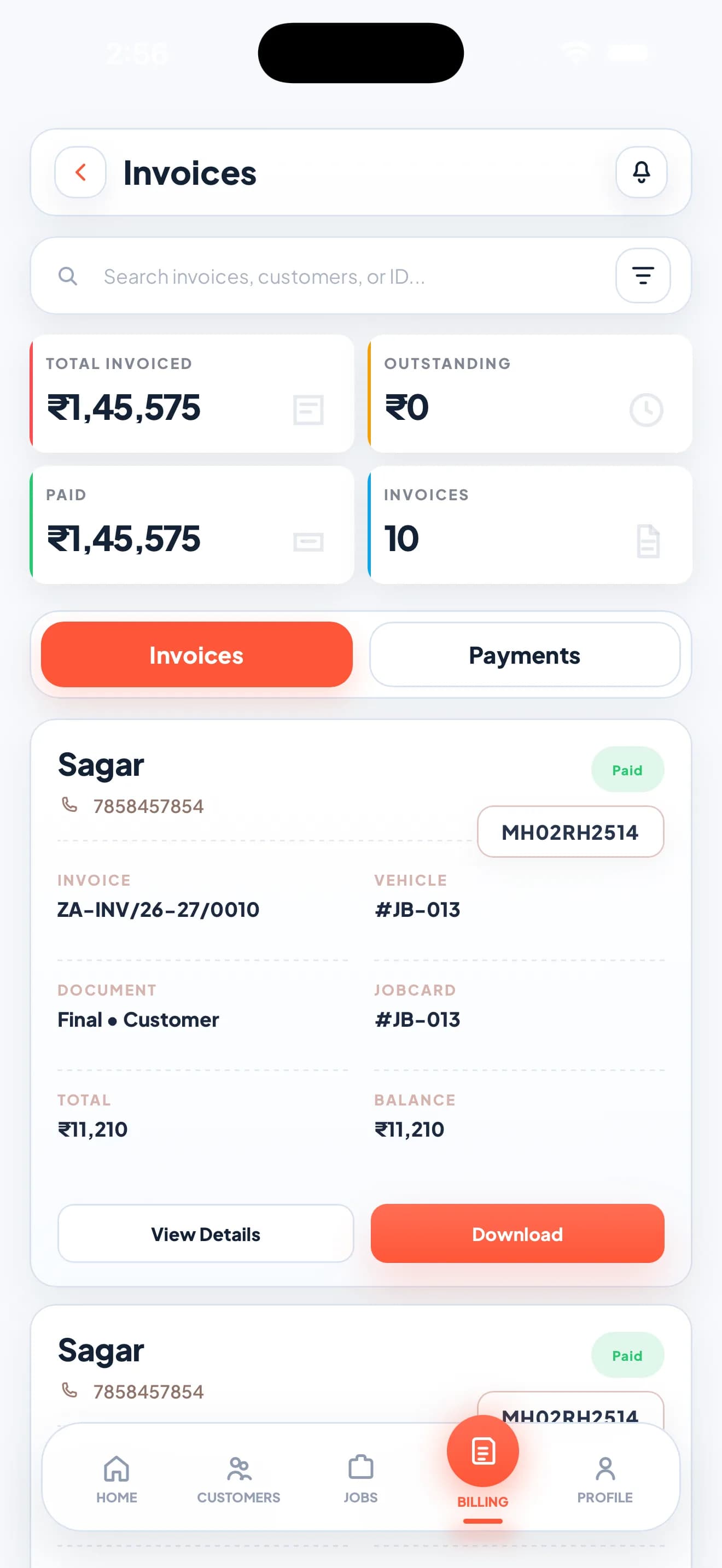 Zilauto Partner App Invoices in light mode