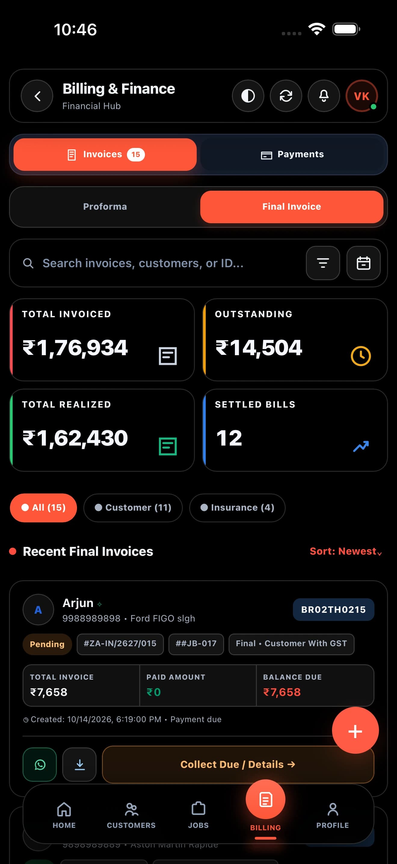 Zilauto partner app invoices and payment tracking in pure black mode