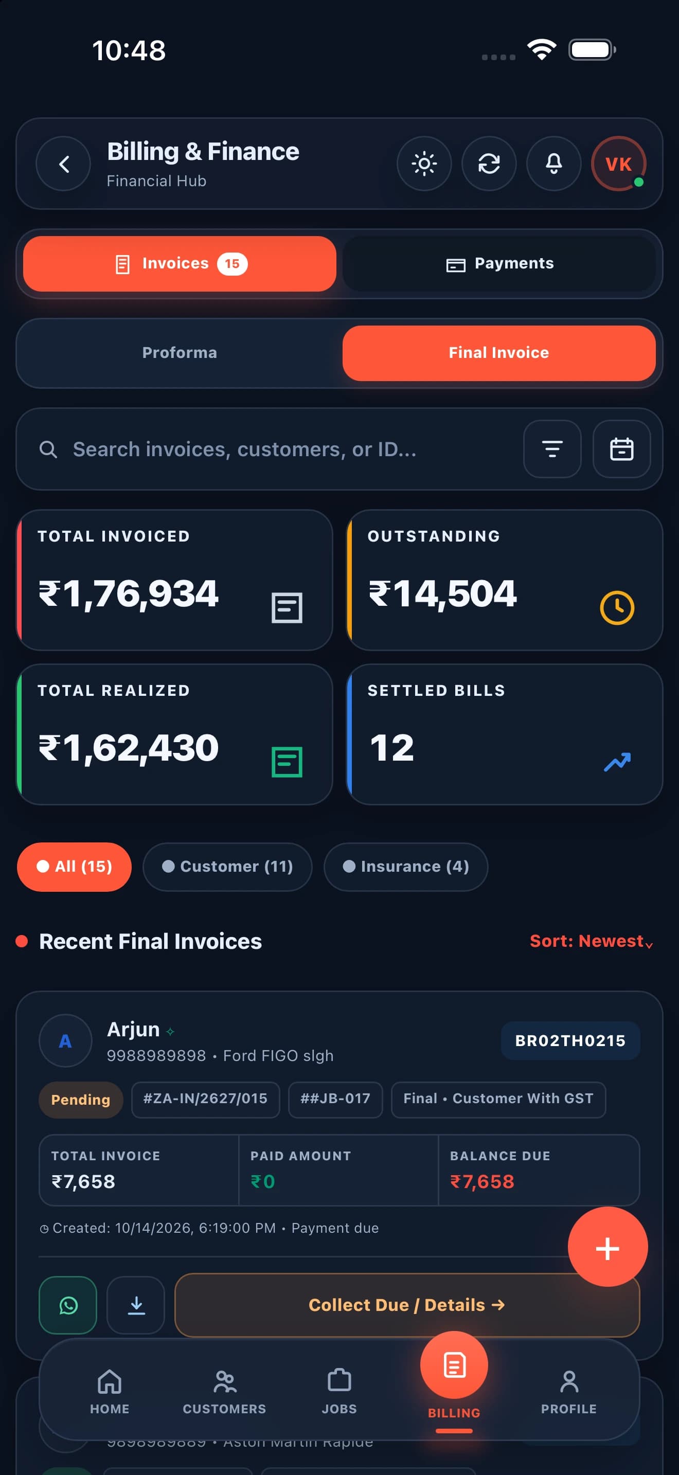 Zilauto partner app invoices and payment tracking in dark mode