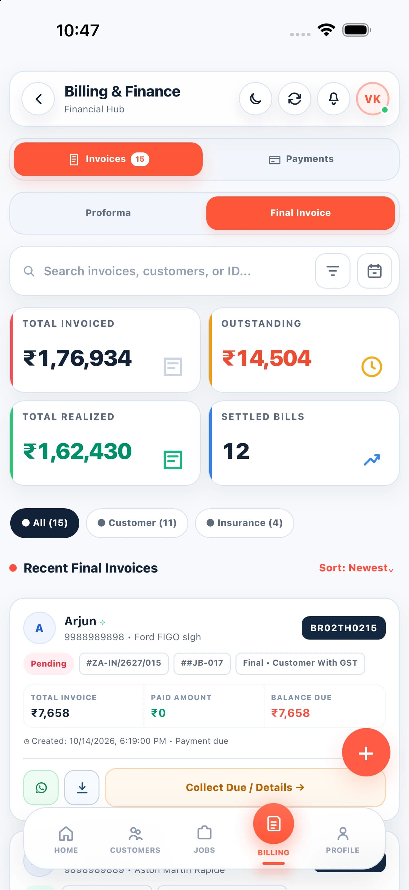 Zilauto partner app invoices and payment tracking in light mode