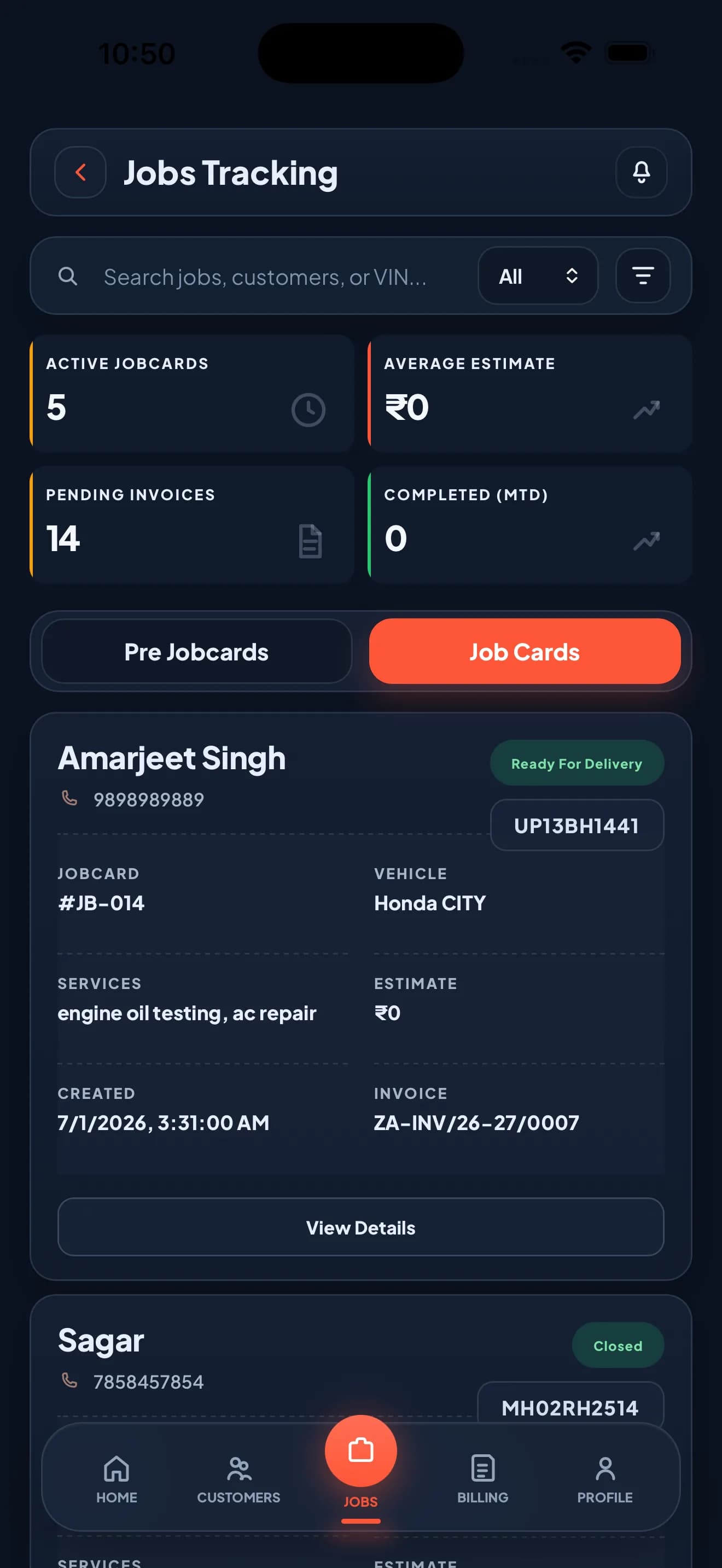 Zilauto Partner App jobs tracking screen in dark mode