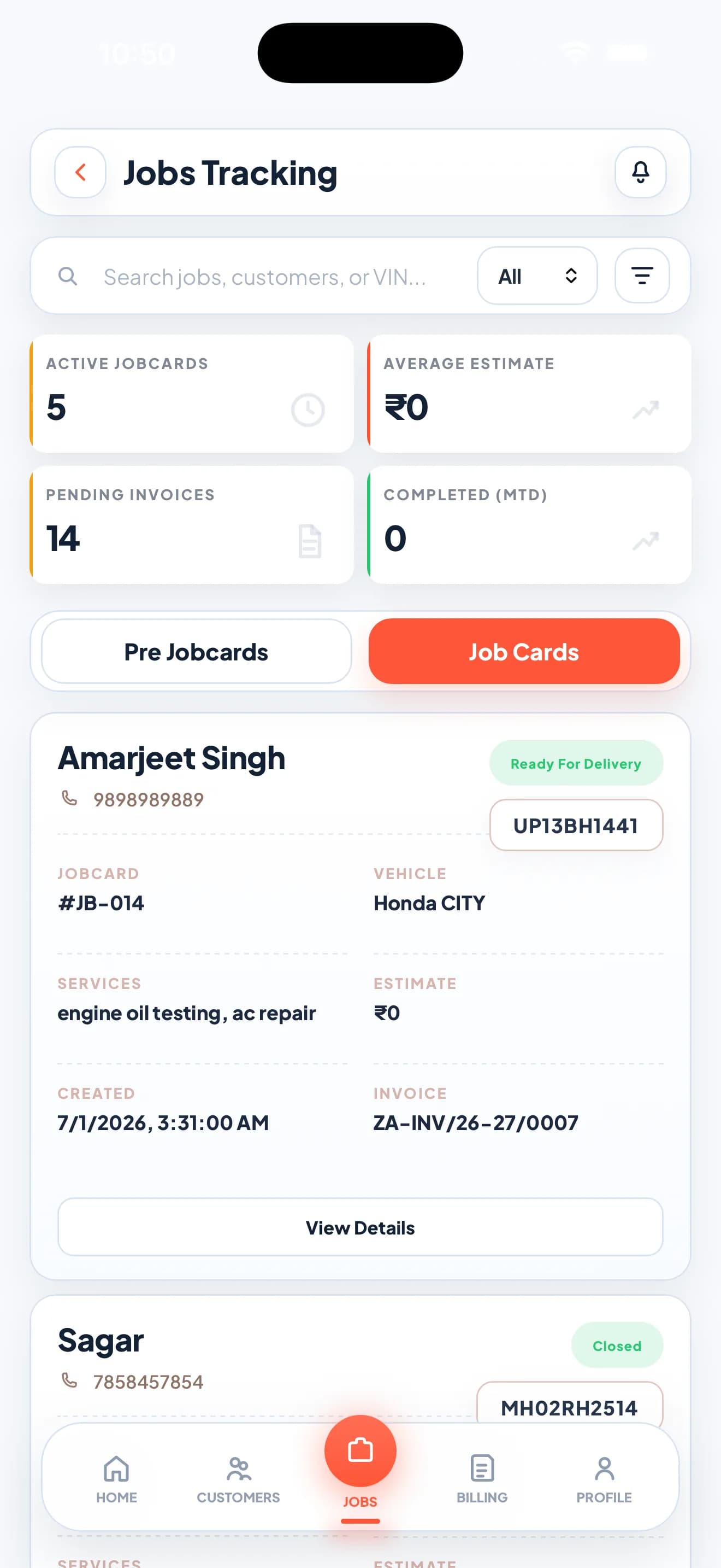 Zilauto Partner App jobs screen in light mode