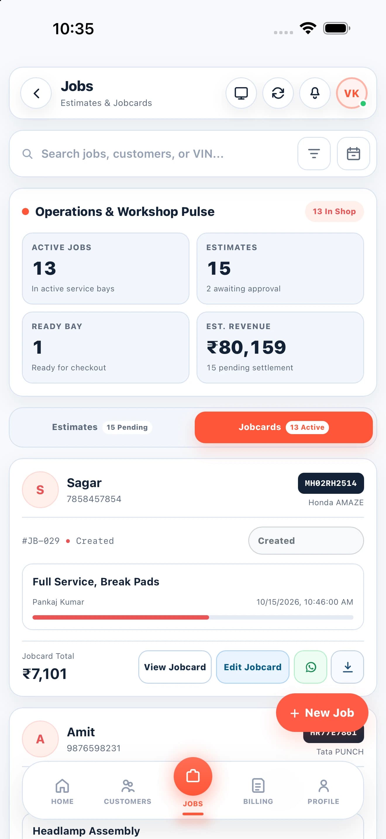 Zilauto Partner App jobs tracking screen in light mode