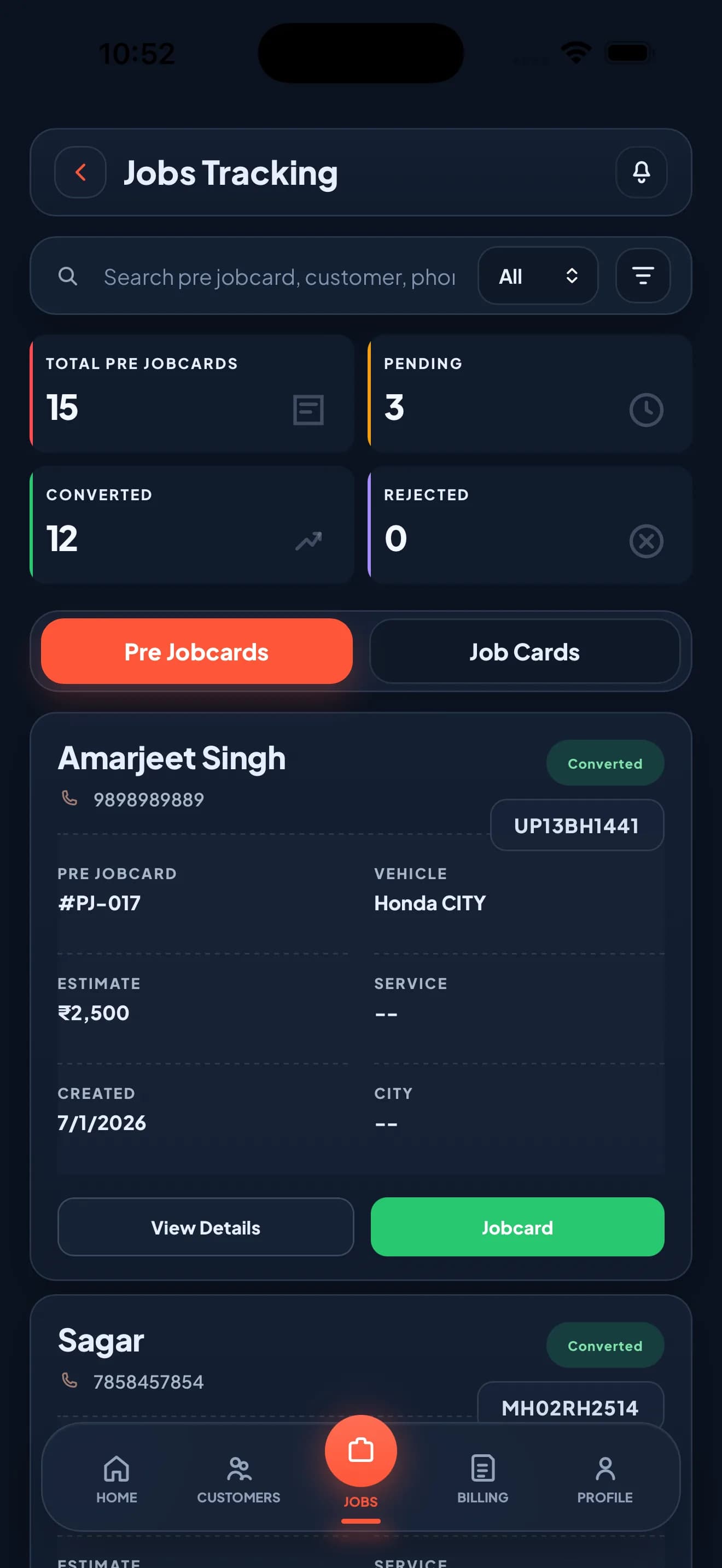 Zilauto Partner App quick updates screen in dark mode