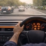 car dashboard warning lights showing engine and maintenance alerts while driving