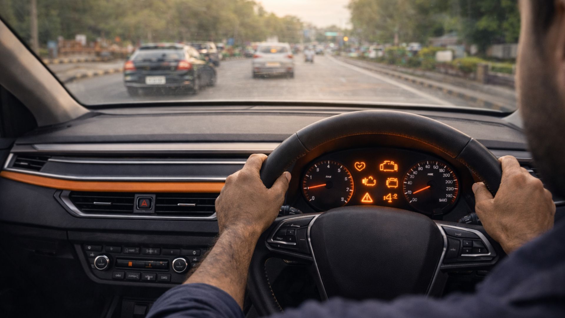 car dashboard warning lights showing engine and maintenance alerts while driving
