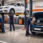 mechanics servicing hatchback sedan and SUV at a modern Zilauto car workshop