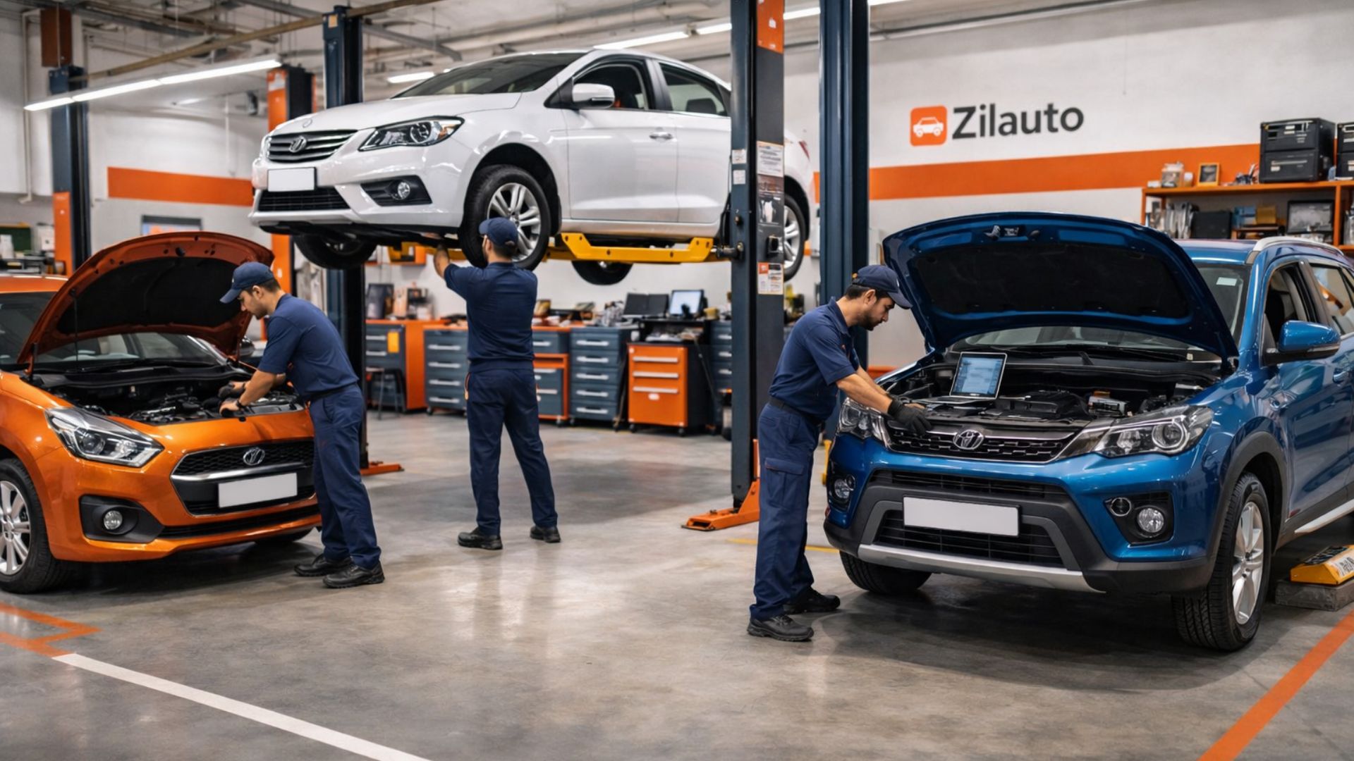 mechanics servicing hatchback sedan and SUV at a modern Zilauto car workshop
