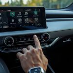 Driver using physical buttons on a modern car dashboard instead of touchscreen controls