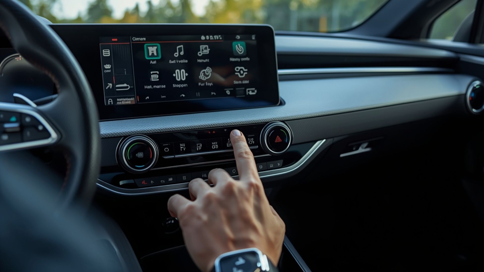 Driver using physical buttons on a modern car dashboard instead of touchscreen controls