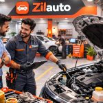 Mechanic explaining car servicing process to a car owner at a Zilauto partnered workshop in India