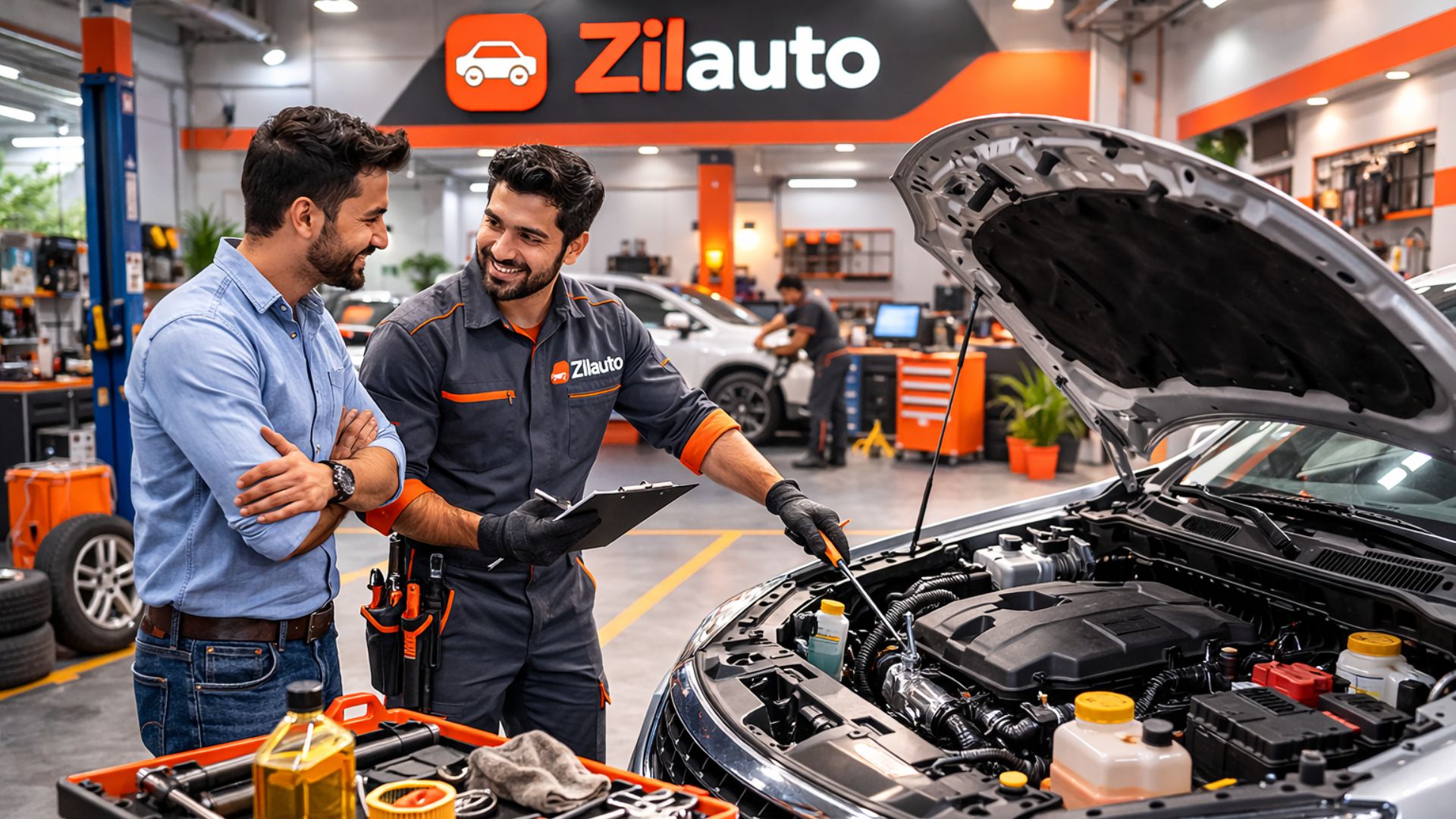 Mechanic explaining car servicing process to a car owner at a Zilauto partnered workshop in India