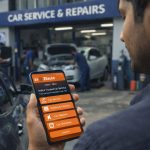 Car owner booking a car service from Zilauto on smartphone outside a car workshop