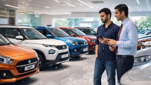 first time car buyer comparing budget cars under 10 lakh in a modern showroom