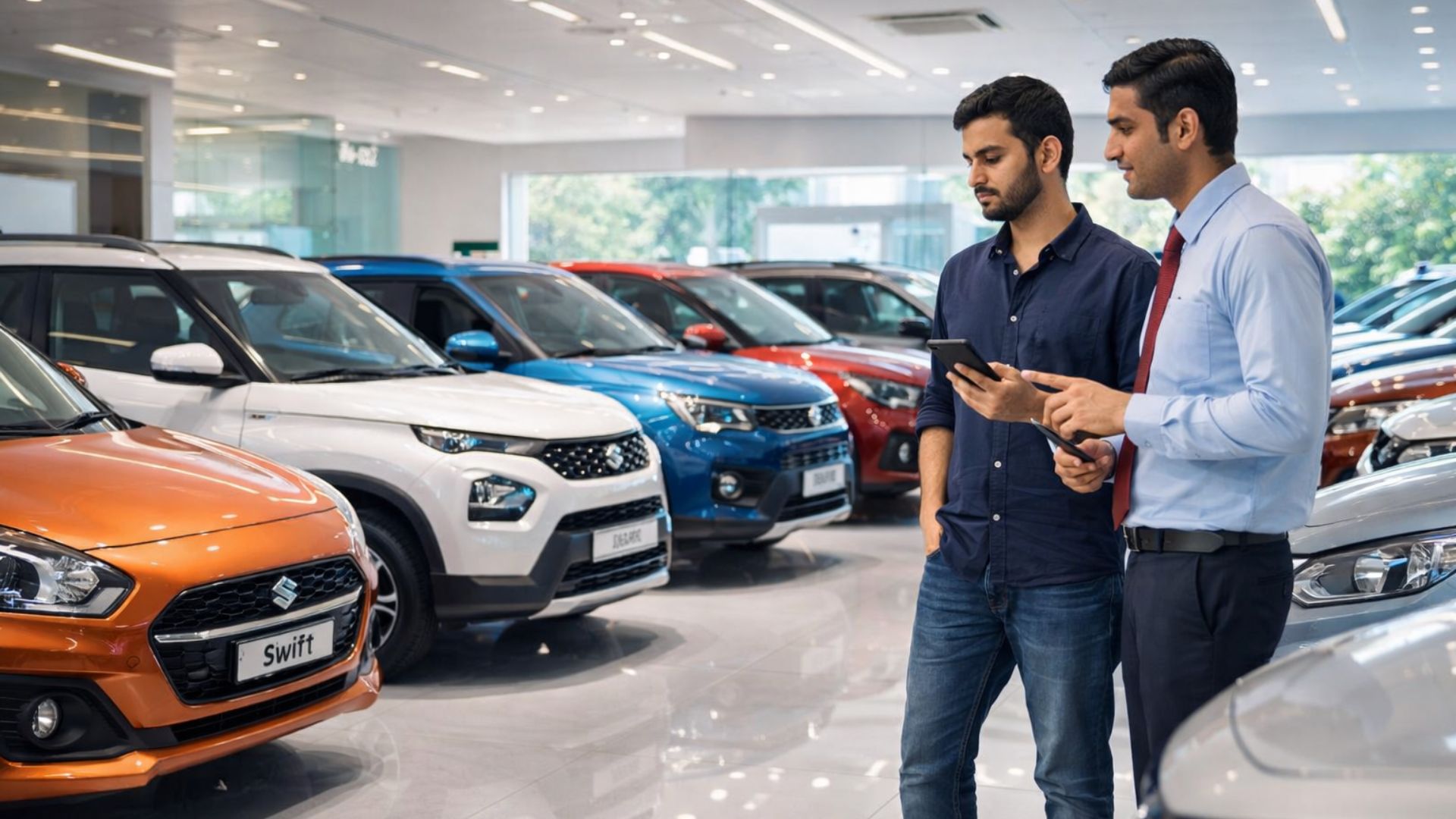 first time car buyer comparing budget cars under 10 lakh in a modern showroom