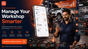 Zilauto Partner App helping an automotive workshop owner manage customer enquiries, active jobs, invoices and parts inventory.