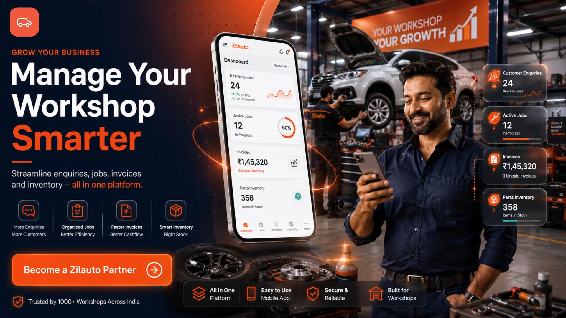 Zilauto Partner App helping an automotive workshop owner manage customer enquiries, active jobs, invoices and parts inventory.