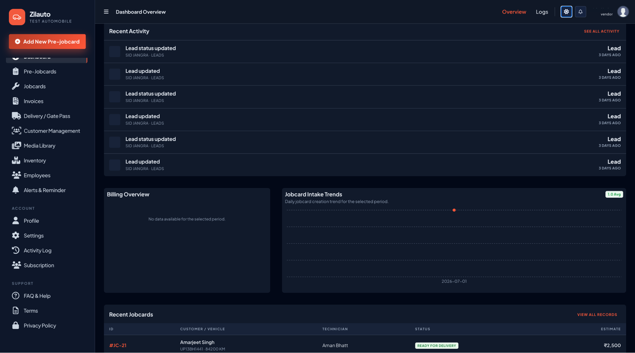 Zilauto GMS recent activity and jobcard trends in dark mode