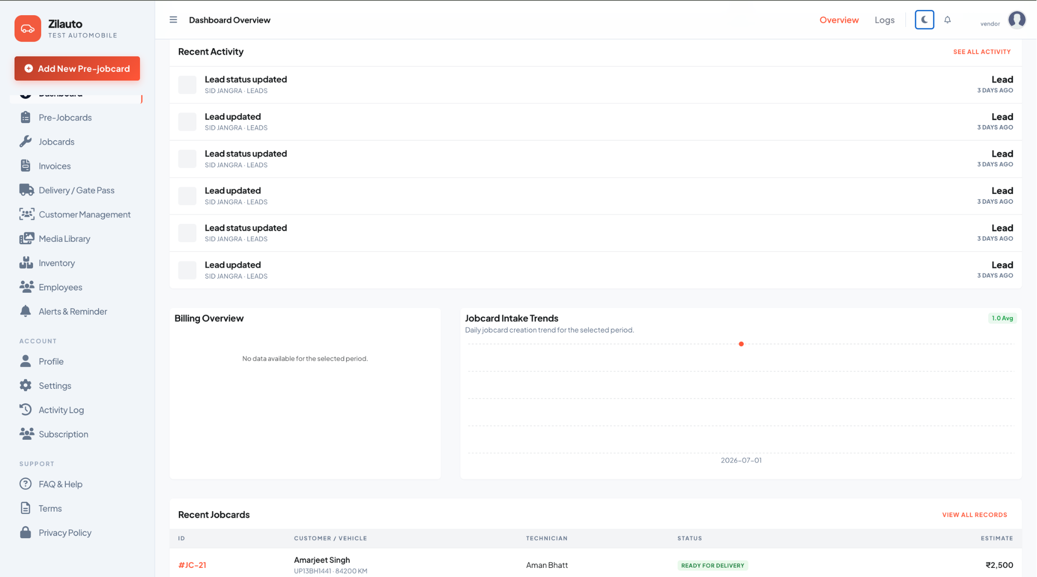 Zilauto GMS recent activity and jobcard trends in light mode