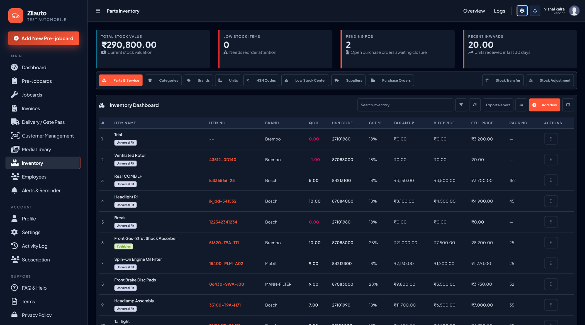 Zilauto dashboard parts inventory and stock control in dark mode