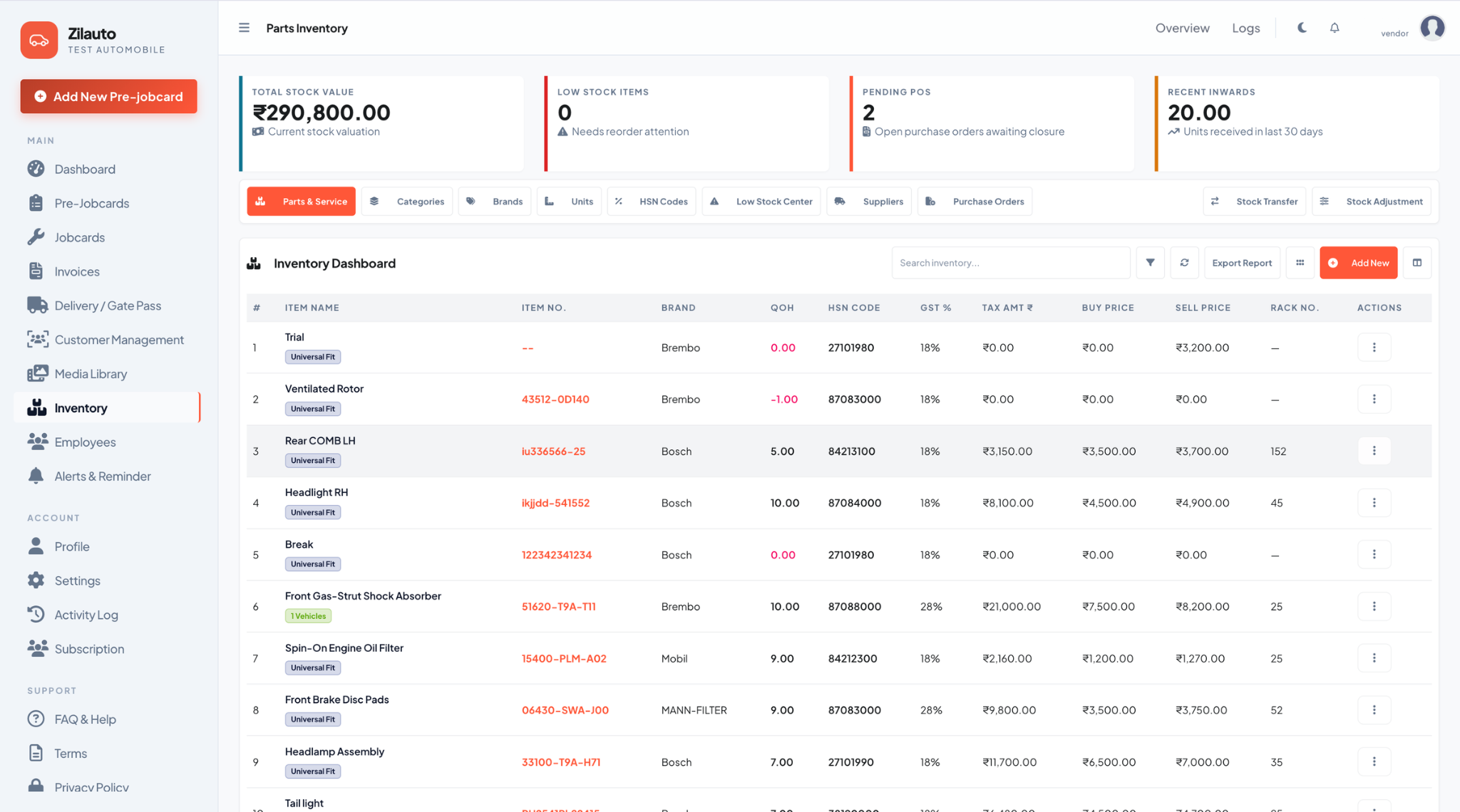 Zilauto dashboard parts inventory and stock control in light mode
