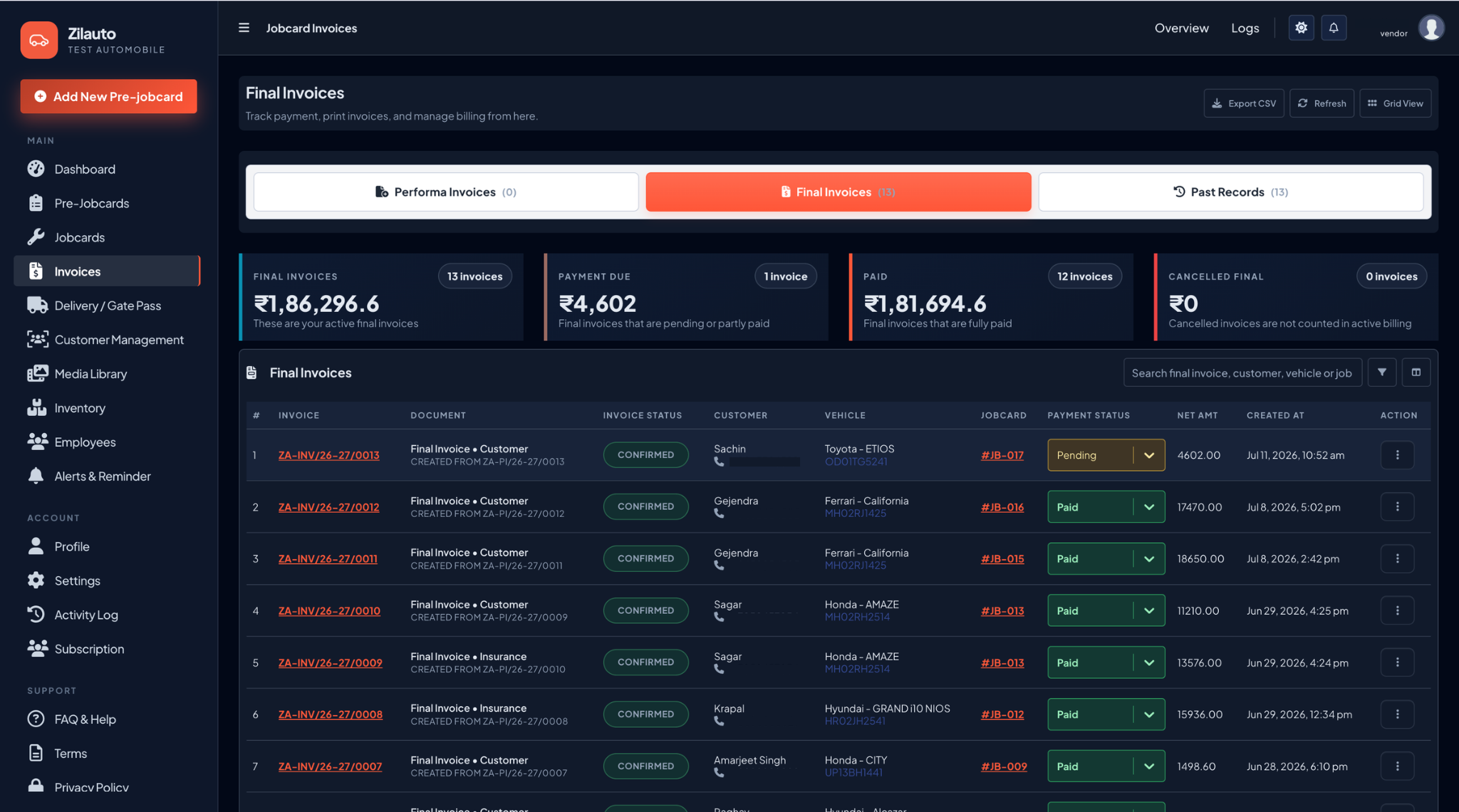 Zilauto dashboard final invoices and payment tracking in dark mode
