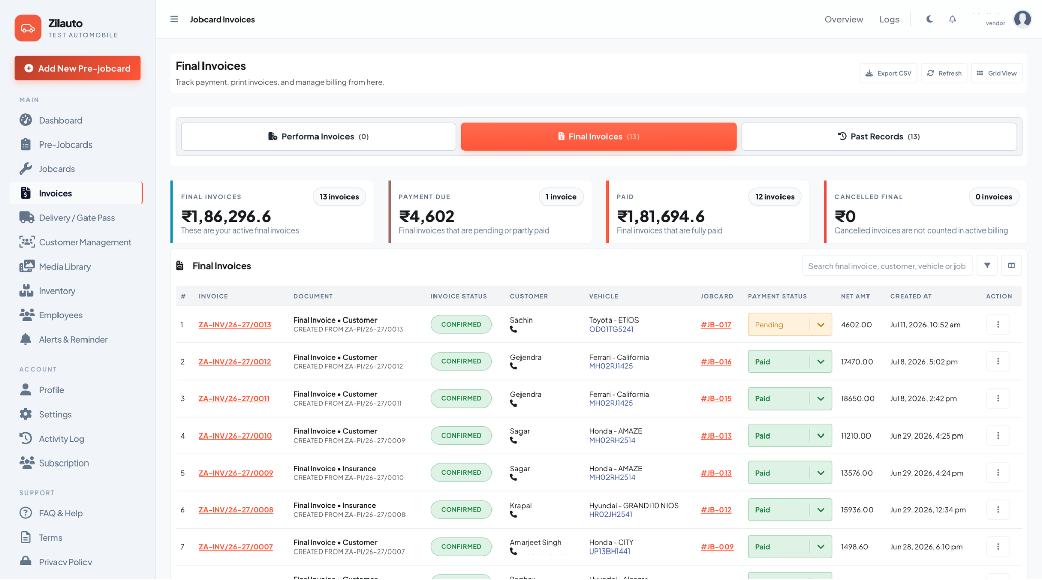 Zilauto dashboard final invoices and payment tracking in light mode
